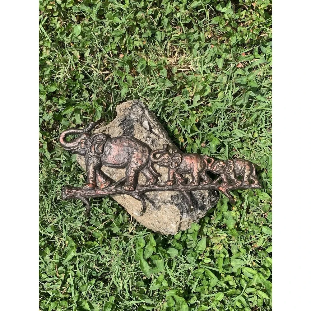 Vintage Brass Elephant Parade Key Holder Rack Wall Mount TrunkUp Good Luck Decor